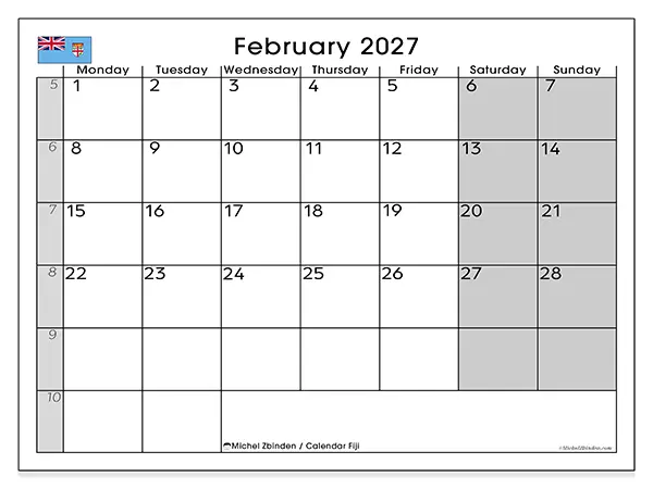Printable February 2027 calendar - Fiji