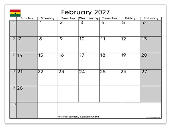 Printable February 2027 calendar - Ghana