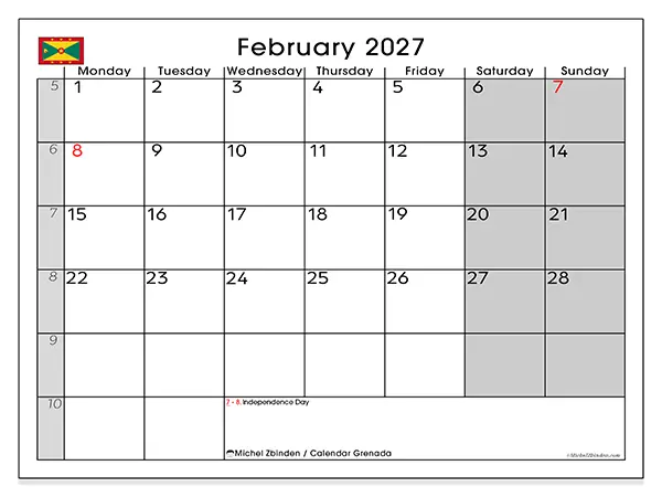 Printable February 2027 calendar - Grenada