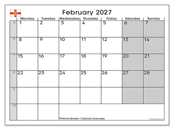 Printable February 2027 calendar - Guernsey