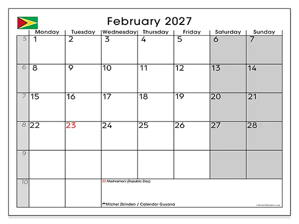 Printable February 2027 calendar - Guyana