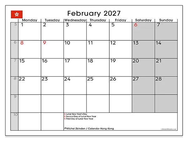Printable February 2027 calendar - Hong Kong