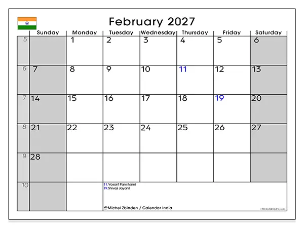 Printable February 2027 calendar - India