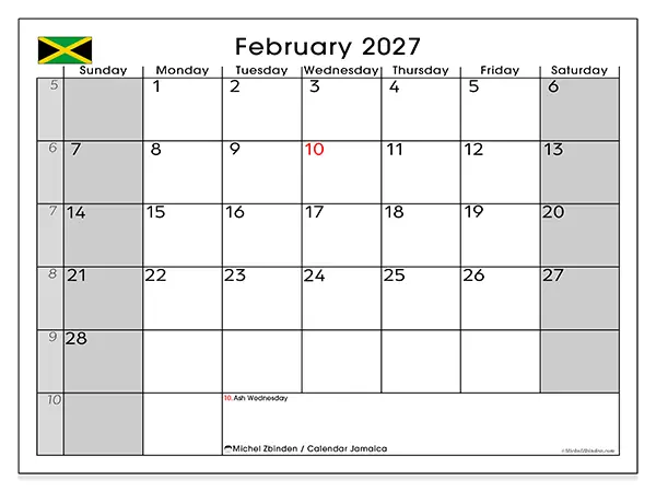 Printable February 2027 calendar - Jamaica