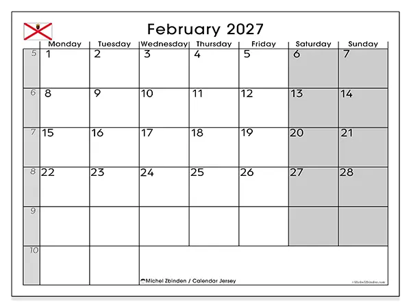 Printable February 2027 calendar - Jersey