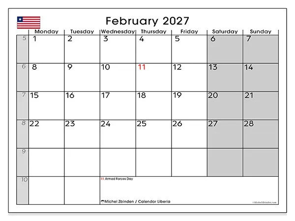Printable February 2027 calendar - Liberia