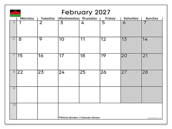 Printable February 2027 calendar - Malawi
