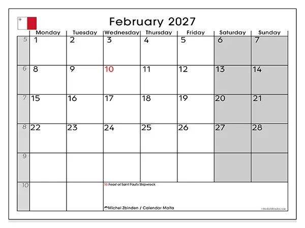 Printable February 2027 calendar - Malta