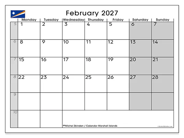 Printable February 2027 calendar - Marshall Islands