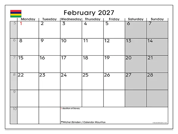 Printable February 2027 calendar - Mauritius