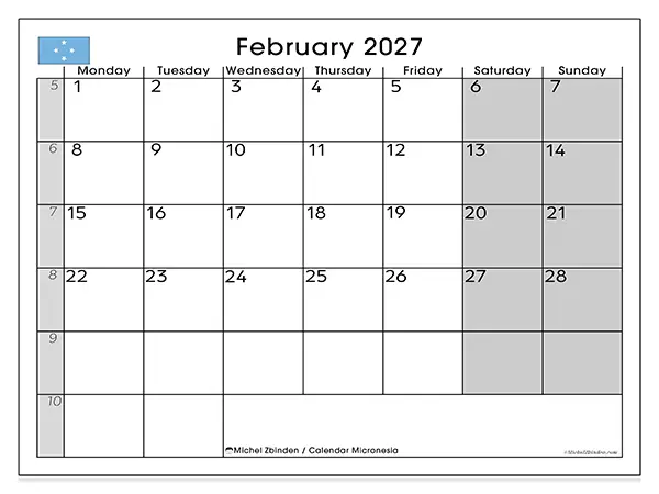 Printable February 2027 calendar - Micronesia