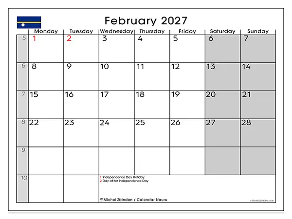 Printable February 2027 calendar - Nauru