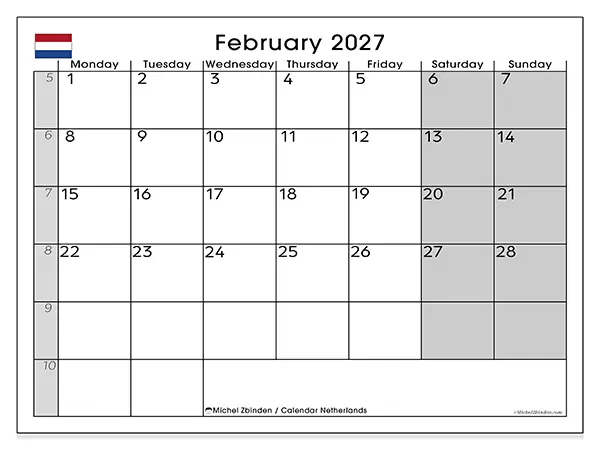 Printable February 2027 calendar - Netherlands