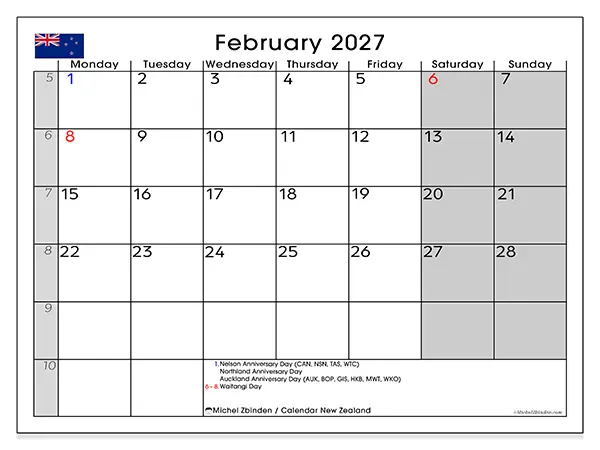 Printable February 2027 calendar - New Zealand