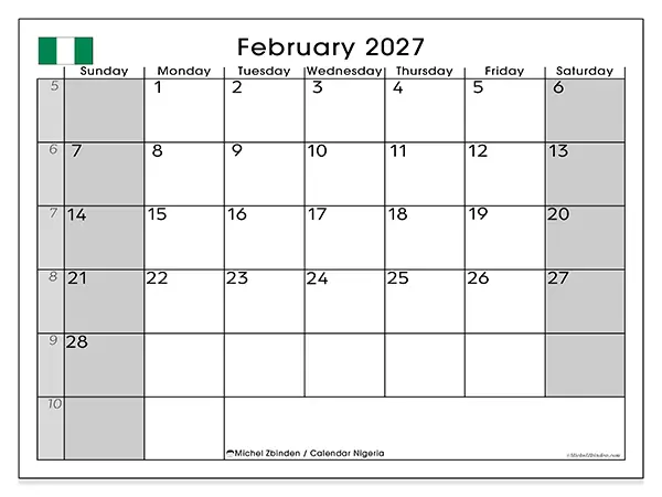 Printable February 2027 calendar - Nigeria