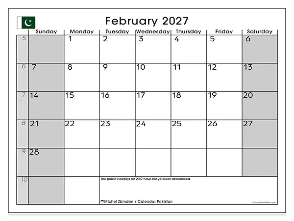 Printable February 2027 calendar - Pakistan