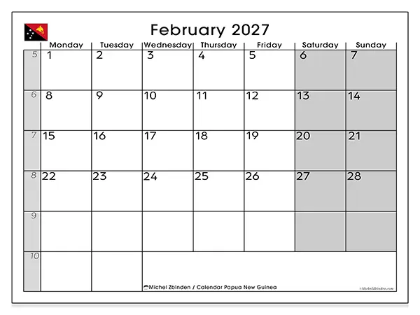 Printable February 2027 calendar - Papua New Guinea