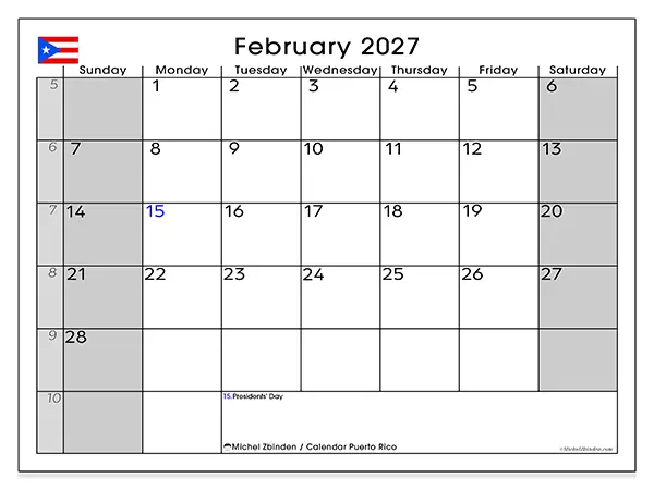 Printable February 2027 calendar - Puerto Rico