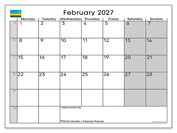 Printable February 2027 calendar - Rwanda