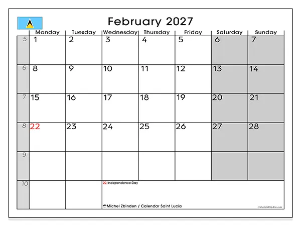Printable February 2027 calendar - Saint Lucia