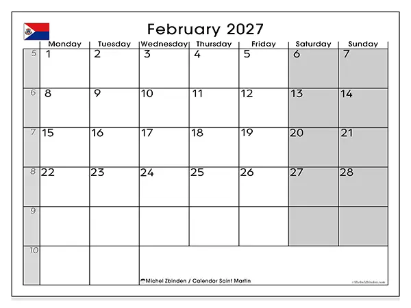 Printable February 2027 calendar - Saint Martin