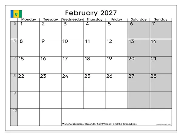 Printable February 2027 calendar - Saint Vincent and the Grenadines