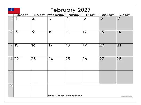 Printable February 2027 calendar - Samoa