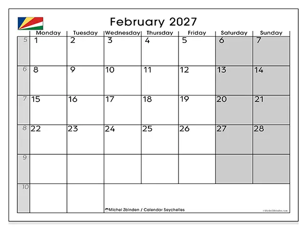 Printable February 2027 calendar - Seychelles