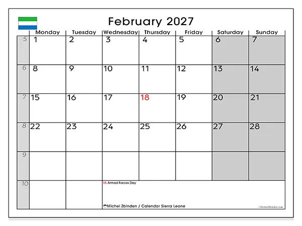 Printable February 2027 calendar - Sierra Leone