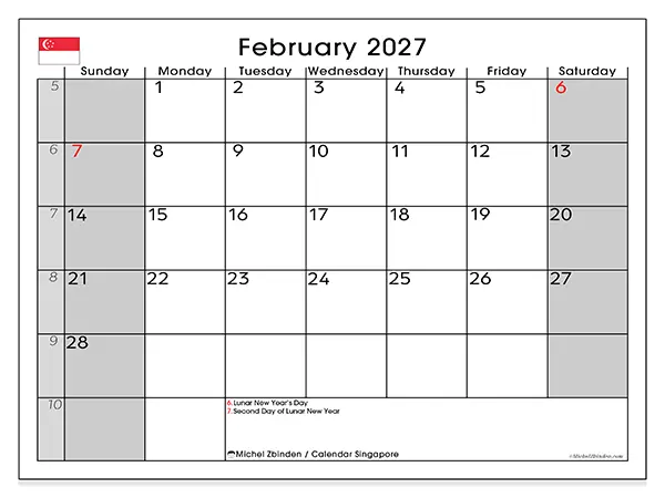 Printable February 2027 calendar - Singapore