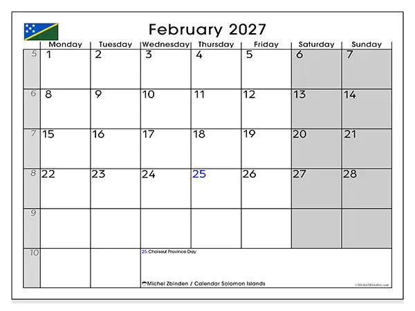 Printable February 2027 calendar - Solomon Islands