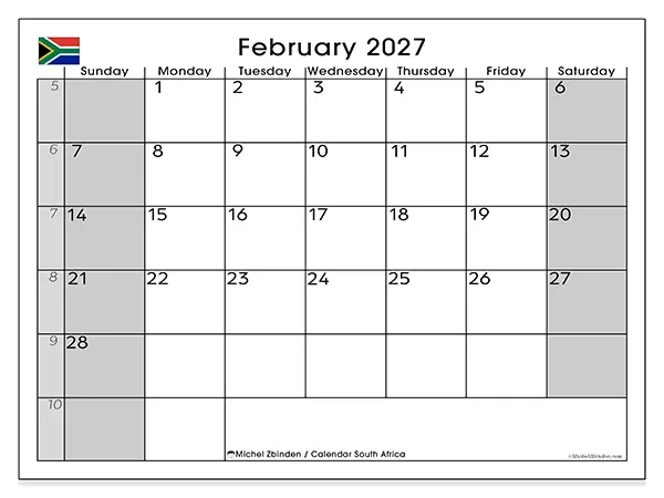Printable February 2027 calendar - South Africa