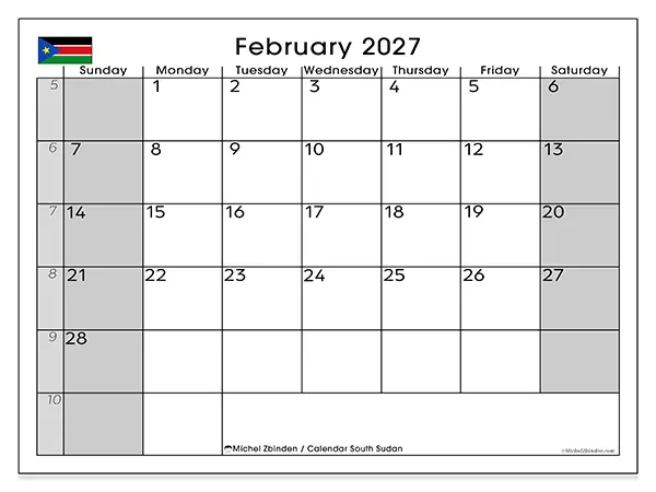 Printable February 2027 calendar - South Sudan