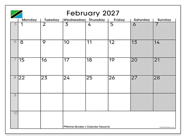Printable February 2027 calendar - Tanzania