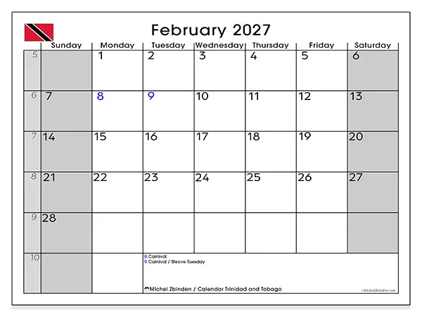 Printable February 2027 calendar - Trinidad and Tobago