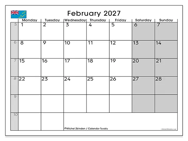 Printable February 2027 calendar - Tuvalu