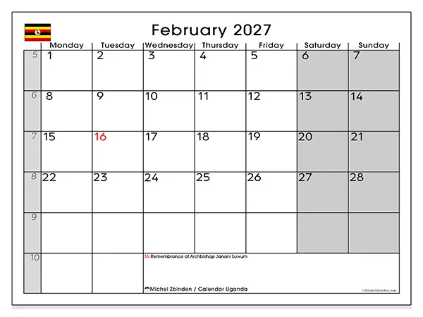 Printable February 2027 calendar - Uganda