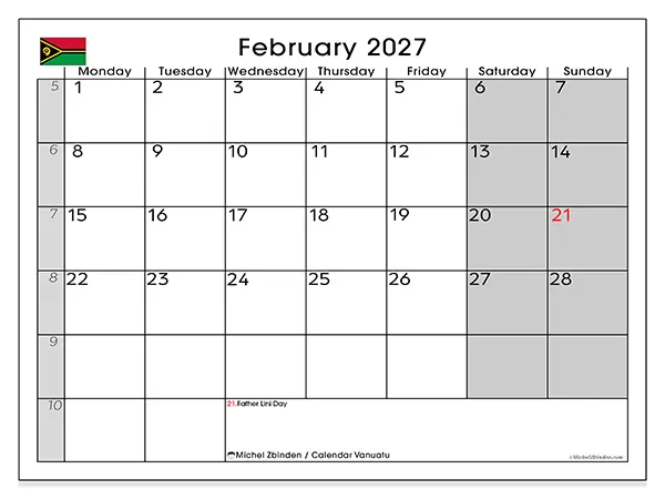 Printable February 2027 calendar - Vanuatu