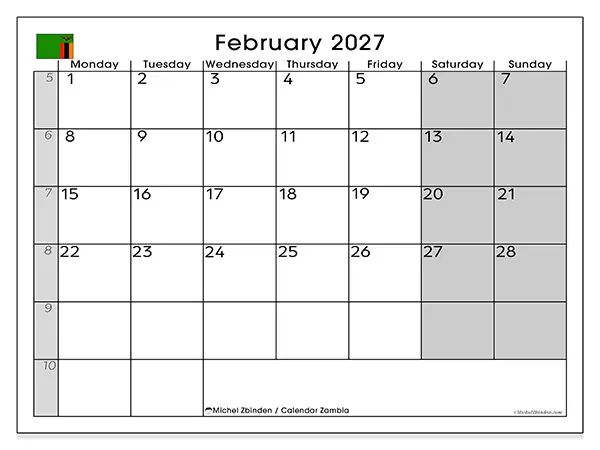 Printable February 2027 calendar - Zambia