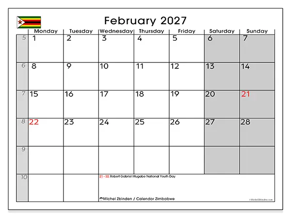 Printable February 2027 calendar - Zimbabwe