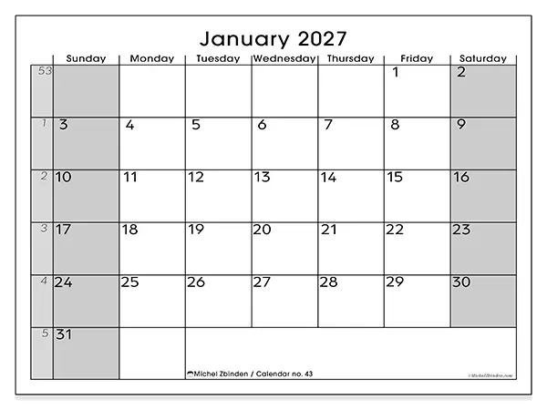 Printable January 2027 calendar - Perfect organization - Week from Sunday to Saturday
