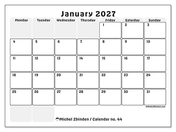 Printable January 2027 calendar - Structured planning