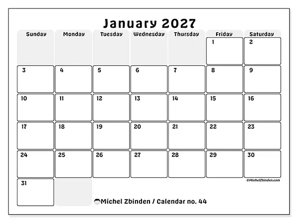 Printable January 2027 calendar - Structured planning - Week from Sunday to Saturday