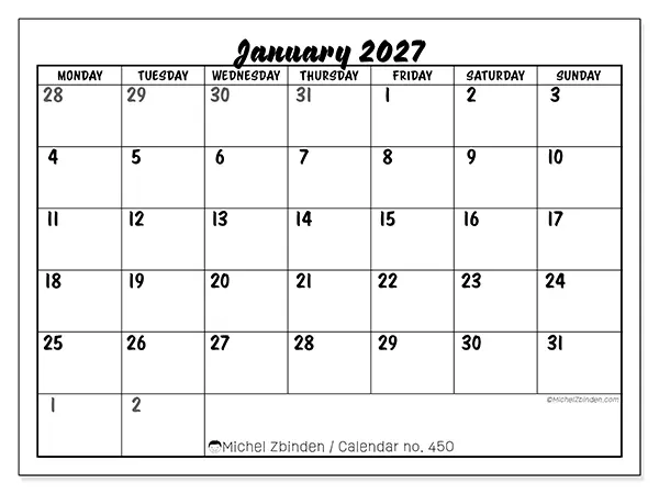 Printable January 2027 calendar - Detailed organization