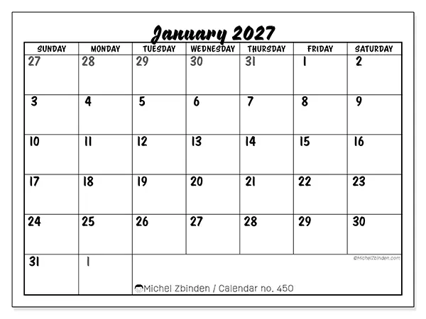 Printable January 2027 calendar - Detailed organization - Week from Sunday to Saturday
