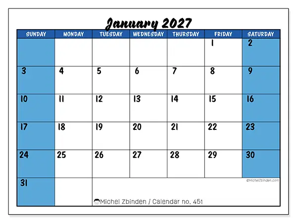 Printable January 2027 calendar - Dynamic organization - Week from Sunday to Saturday