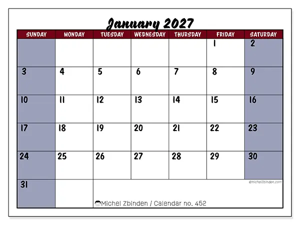 Printable January 2027 calendar - Colorful productivity - Week from Sunday to Saturday