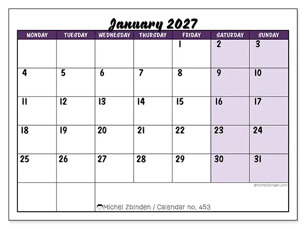 Printable January 2027 calendar - Colorful efficiency