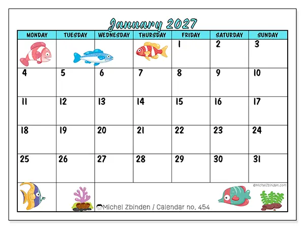 Printable January 2027 calendar - Colorful fish