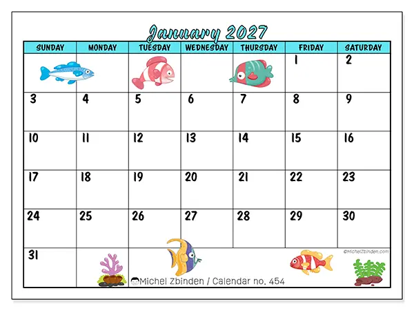 Printable January 2027 calendar - Colorful fish - Week from Sunday to Saturday